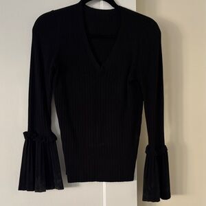 Michael Kors Black V-Neck Cotton sweater with Pleated Sleeves